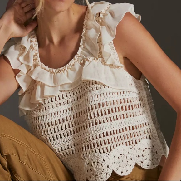 Anthropologie Tops - Anthropologie cream ivory Ruffled Crochet Tank Top